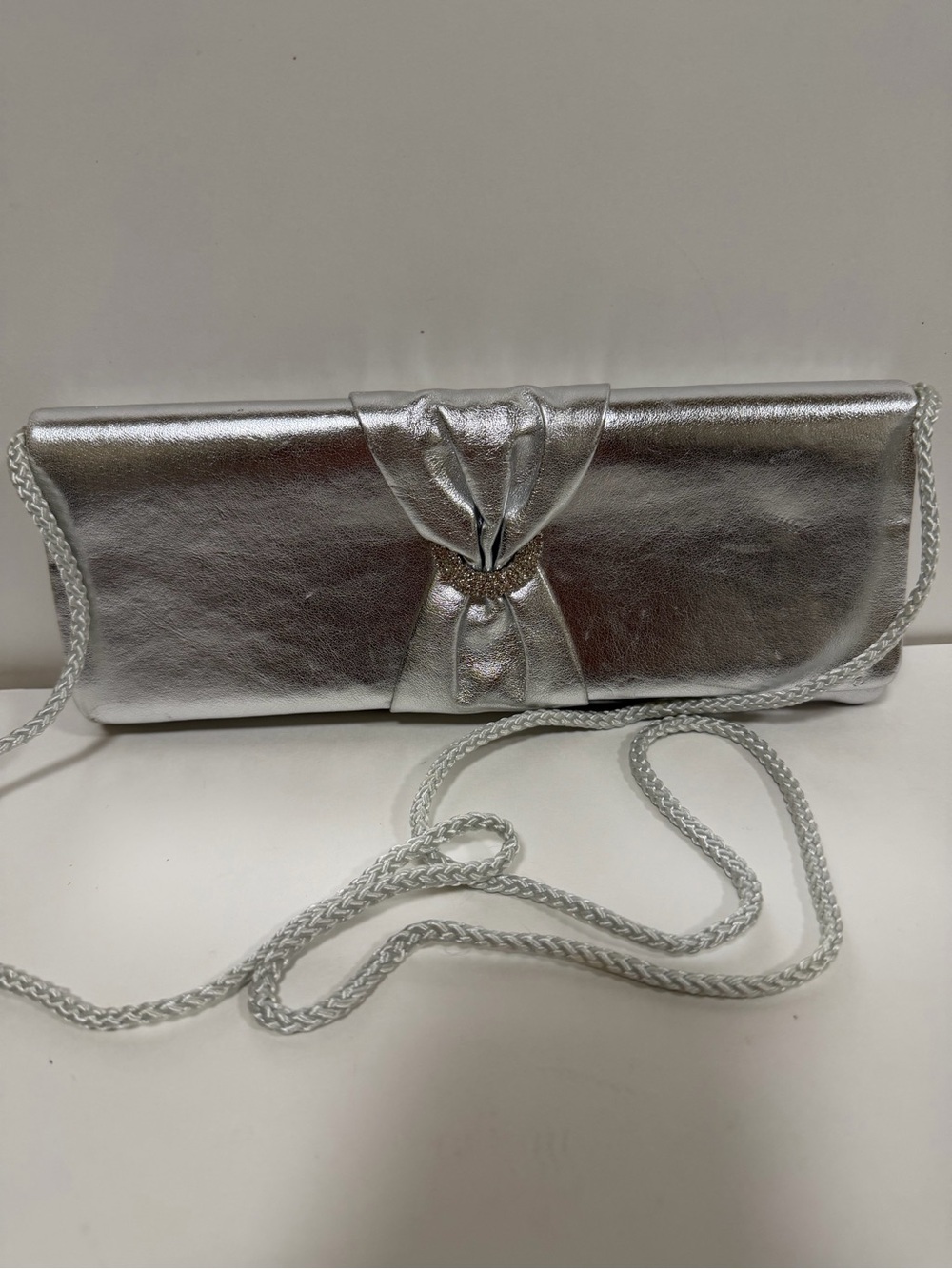 Metallic Silver Bow Clutch with Chain Strap